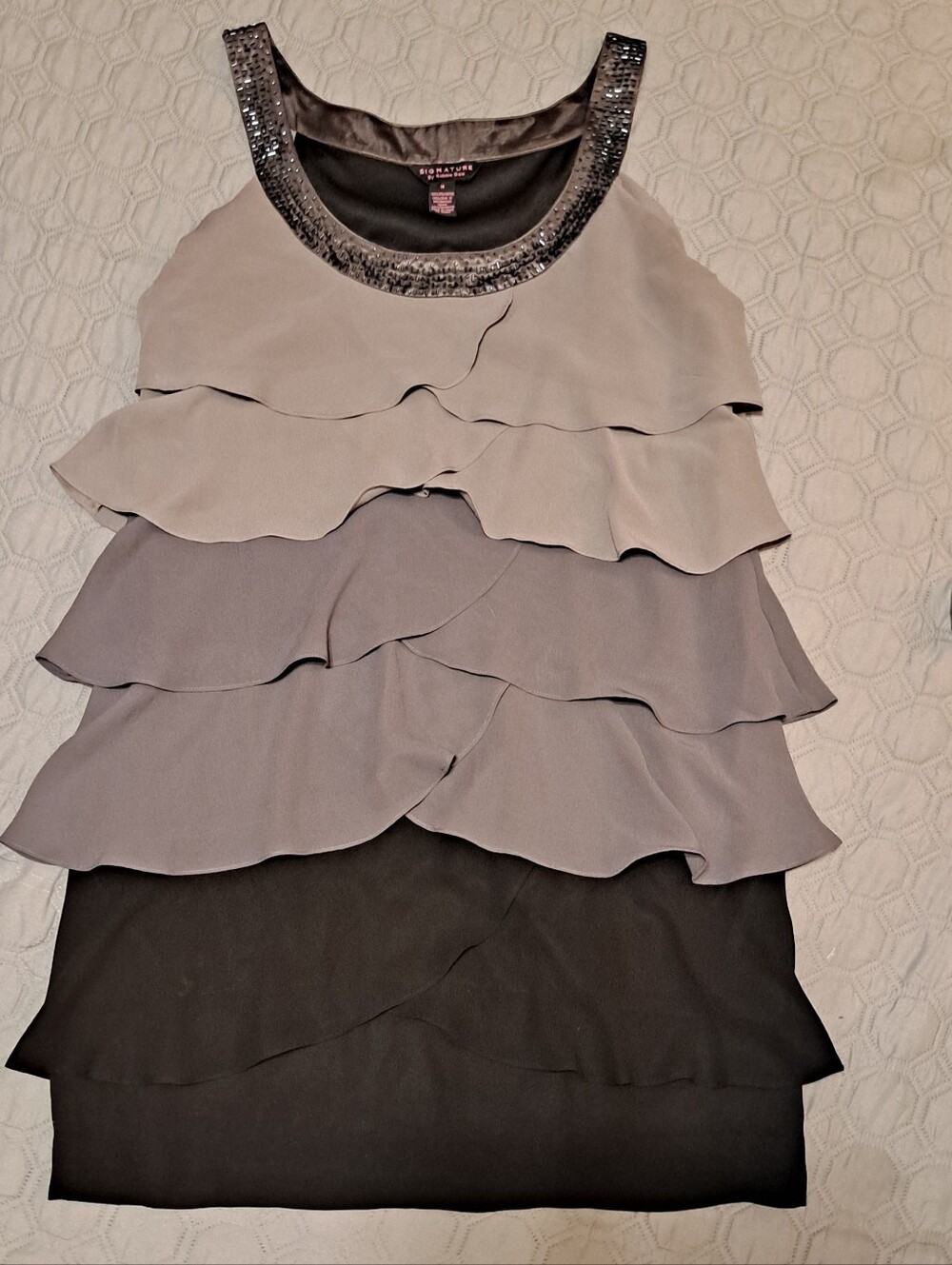 Signature Tiered Ruffle Dress with Sequin Neckline - Gray/Black Size 16